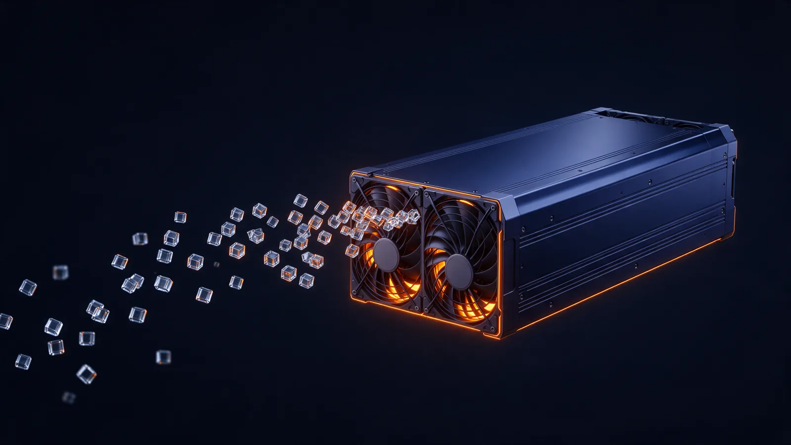 Máquina de mineração ASIC flutuando no escuro, com luz laranja nas ventoinhas e blocos de vidro saindo do exaustor